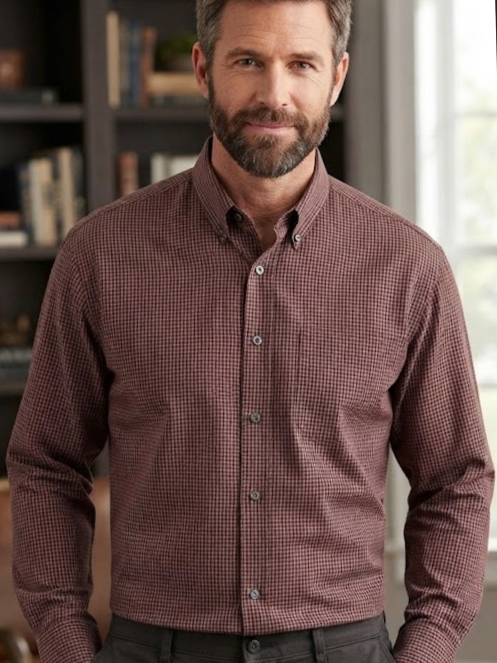 bill blass Men's Burgundy and Black Checked Button-Down Shirt (SKU 0156)